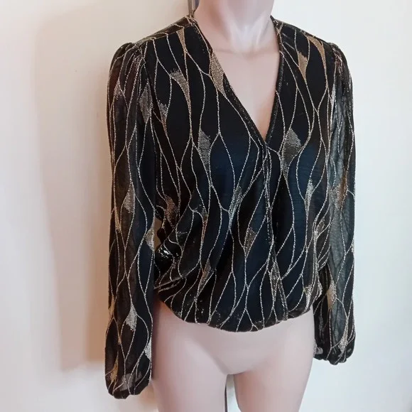 Autres Filles Sheer Arms Blouse Gold Metallic Sparkle Party Special Occasion XS - Picture 3 of 16